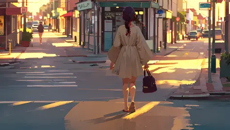 (((1girl, alone))), coastal setting, country town in, coastal town, walking down the street, golden hour, anime scene, ray of li...