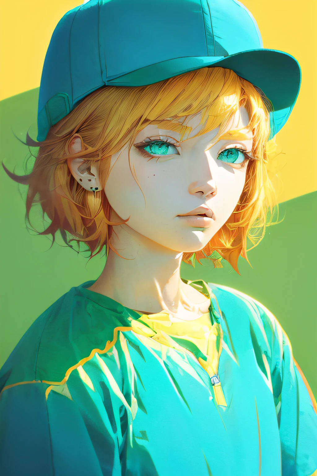 1fille, yeux aqua, Casquette de baseball, cheveux blond, bouche fermée, des boucles d&#39;oreilles, fond vert, a, hoop des boucles d&#39;oreilles, bijoux, regarder le spectateur, chemise, Cheveux courts, fond simple, seulement, Haut du corps, yellow chemise,
(waifu, animé, exceptionnel, meilleure esthétique, Nouveau, Nouveauest, Meilleure qualité, chef-d&#39;œuvre, extrêmement détaillé:1.2), arakistyle, jojo:0.8, de meilleurs yeux + affronter