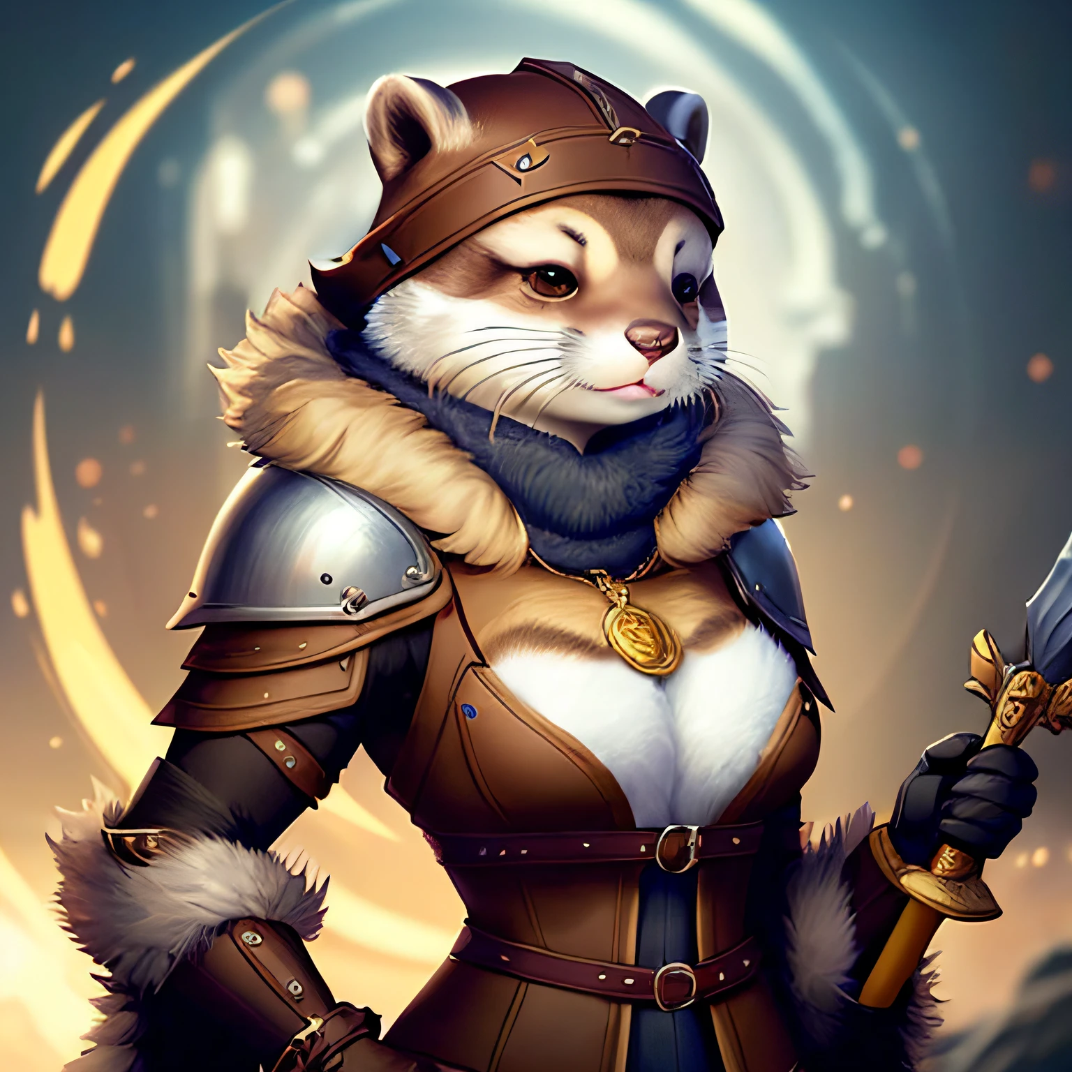 Humanoid Female ferret, with gray hair, green eyes, 1 meter tall, 30 pounds wearing a leather armor, with a magic staff in hand. --auto