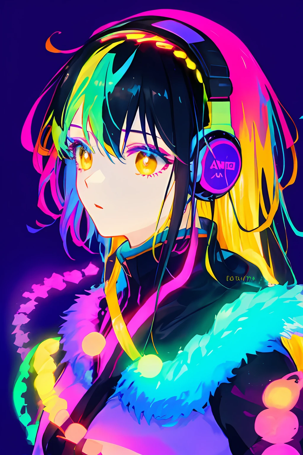 multicolored, 1girl, night, dark, black hair, looking at audience, upper body, facing audience, limited color palette, bright background, glowing background, light effects, headphones, singing,