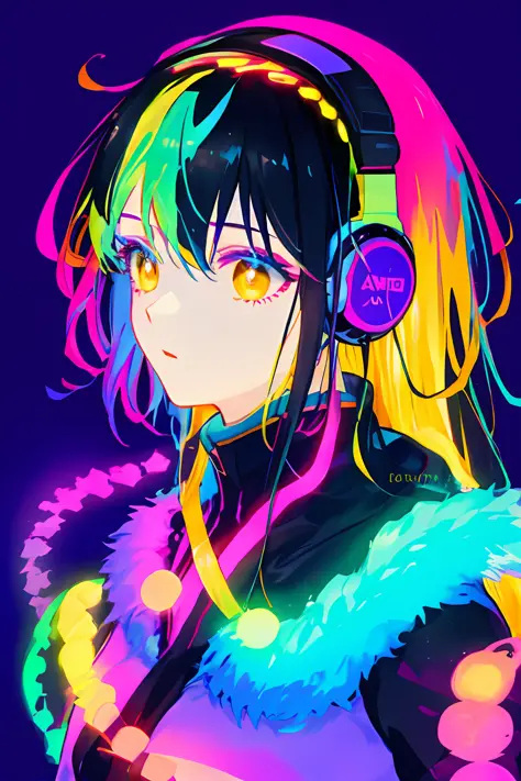 multicolored, 1girl, night, dark, black hair, looking at audience, upper body, facing audience, limited color palette, bright ba...