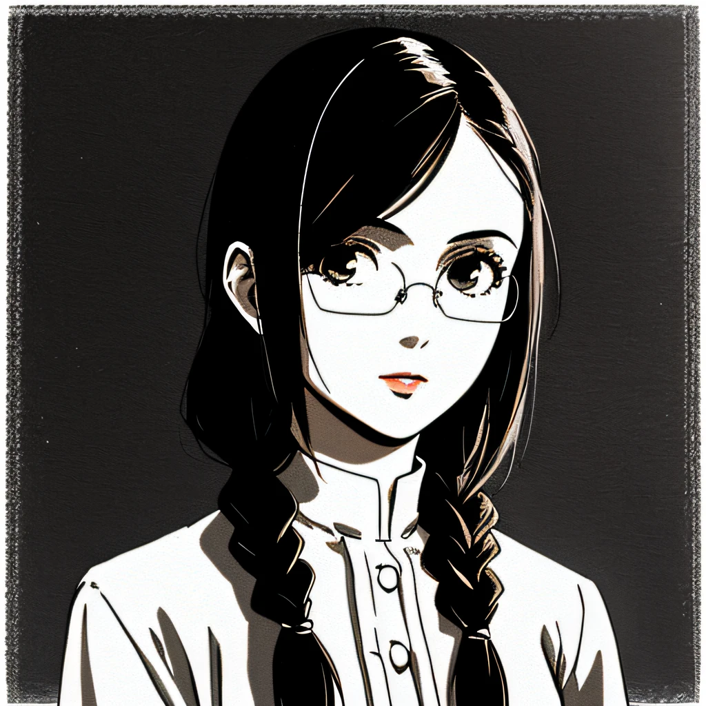 a girl,
rounded glasses,
(((middle widow's peak))),
black haired,
long straight hair,((hair bands)),plaits,
(realistic),VHS color,vintage color,soft shadows,