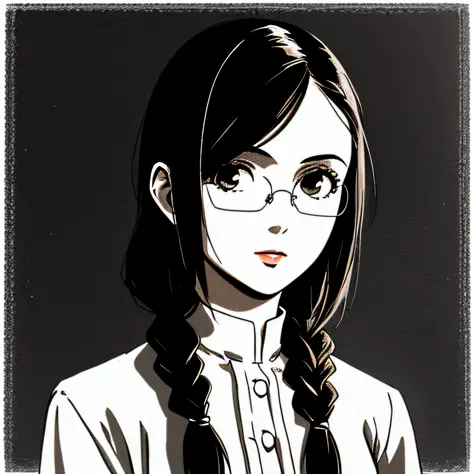 a girl,
rounded glasses,
(((middle widow's peak))),
black haired,
long straight hair,((hair bands)),plaits,
(realistic),VHS colo...