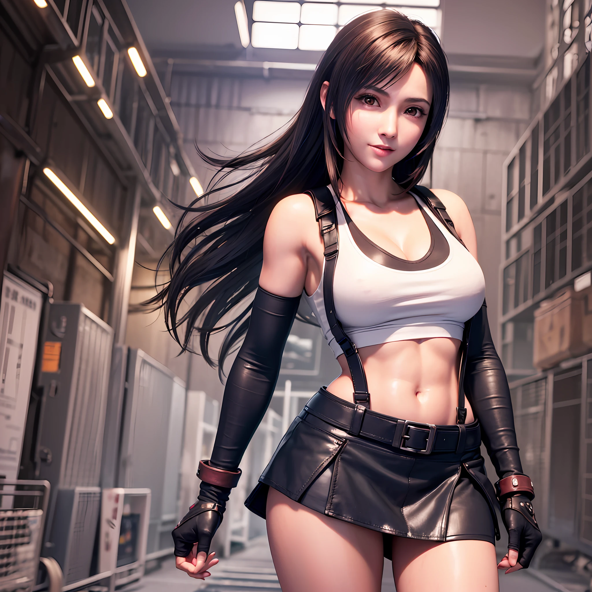 8k,masterpiece, bset quality,big, (1 girl), tifa lockhart, red_eyes, black hair, long hair, shiny skin, shiny big, ((best quality)), crisp focus: 1.2, highly detailed face and skin texture, detailed eyes, perfect face, perfect body, art, cg, blur background, big with presence, (20yo, Mature cool and beautiful face), wearing ((suspender black skirt)),(( black elbow gloves, white taut shirt, thigh, white tank top, navel, blush)), enemy futuristic robot weapon factory, upper body, smile, professional light source, fluttering hair, dynamic action, dynamic pose,
