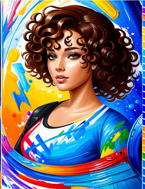((quick paint:1.4)), vector, graphic novel, woman with curly hair wearing nerdy clothes with detailed seductive eyes in a gamer ...