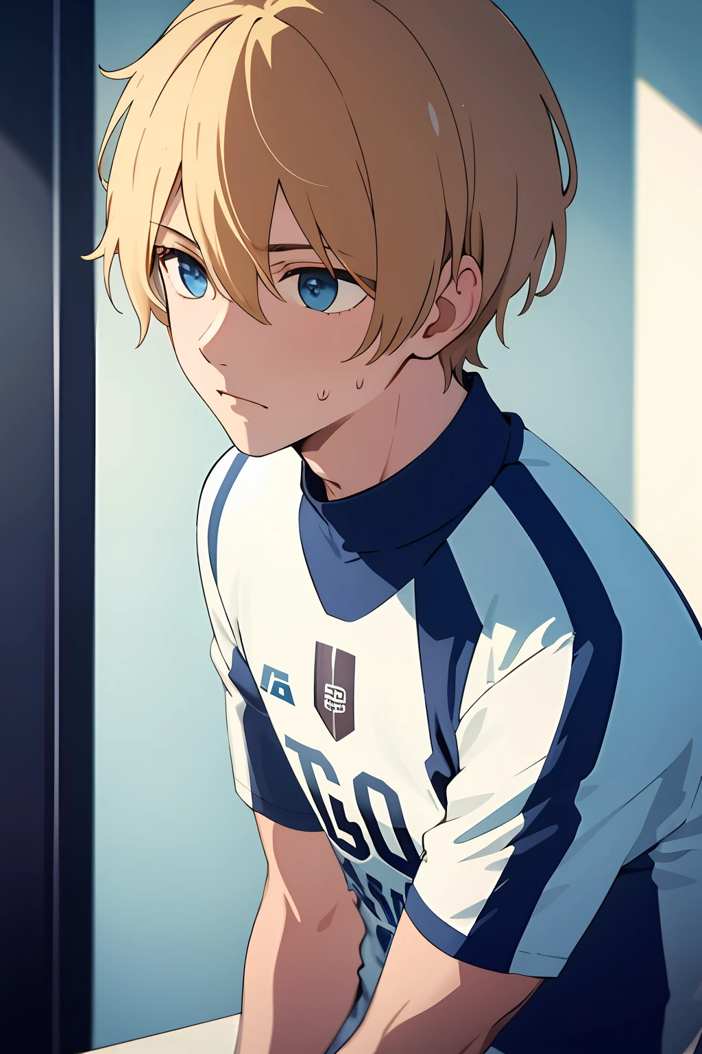 masterpiece, best quality, high contrast, professional photography, soft light, sharp focus, 1boy, short blond hair, azure blue lock, German team football jersey, sweating, heavy breathing,