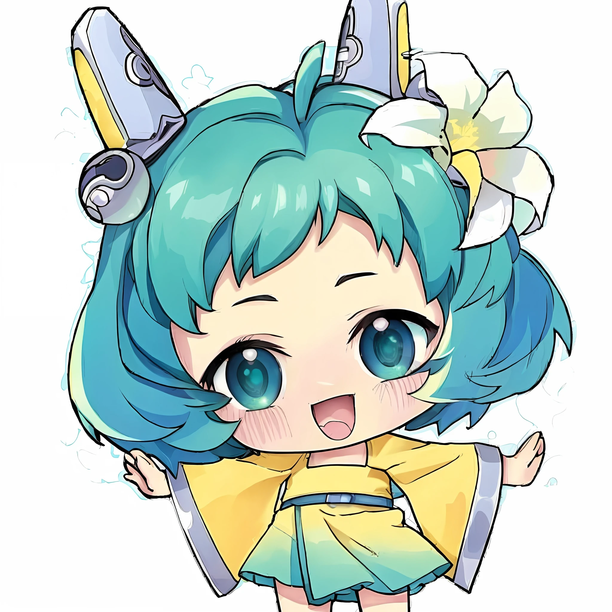 une fille de dessin animé aux cheveux bleus et une robe jaune, Hatsune Miku short hair, fille animée with teal hair, style artistique anime moe, Anime Manga Robot!! fille animée, splash art anime loli, anime chibi, mikudayo, Style animé mignon, Hatsune Miku, style artistique anime de haute qualité, chibi fille animée, animé stylisé, 