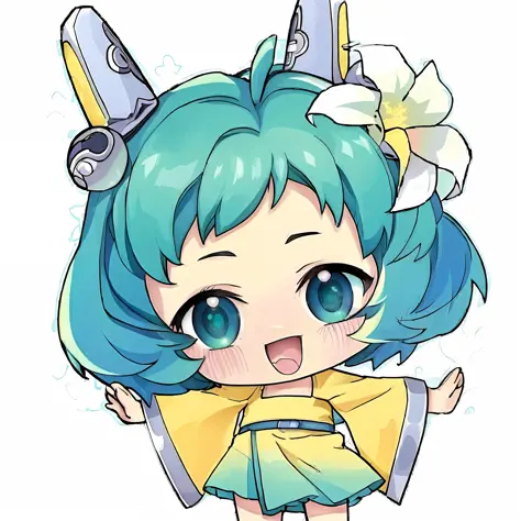 a cartoon girl with blue hair and a yellow dress, hatsune miku short hair, anime girl with teal hair, anime moe artstyle, anime ...