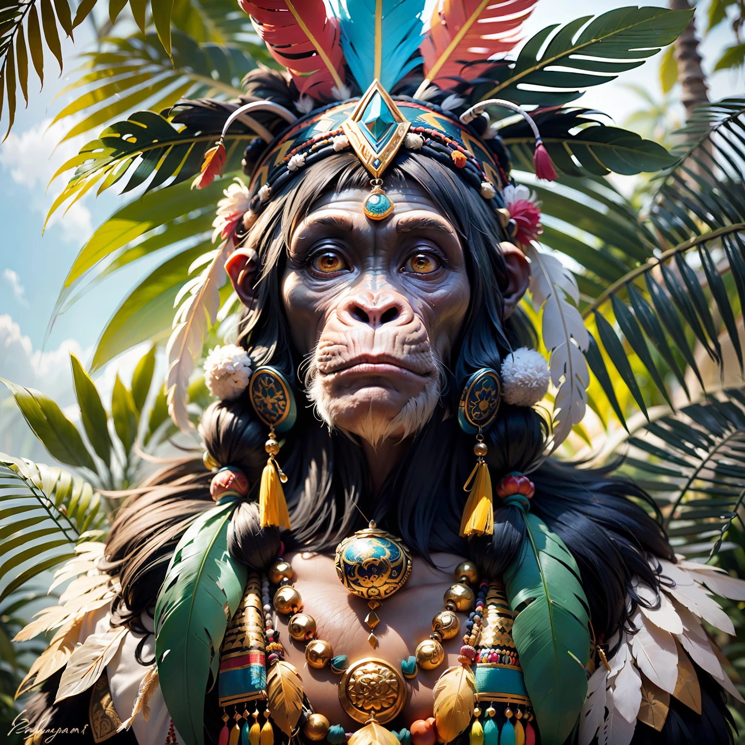 Tête de chimpanzé ((chaman)),,((état méditatif),,chaman, chimpanzé élégant, hair with détails, avec une coiffe indienne sur la tête, ((Méditer)) many plumes colorées, plumes colorées, Face à la caméra, détail: feuillage tropical dense, highly détailed intricate, ((chef-d&#39;œuvre)), ultra hyperréaliste, chef-d&#39;œuvre