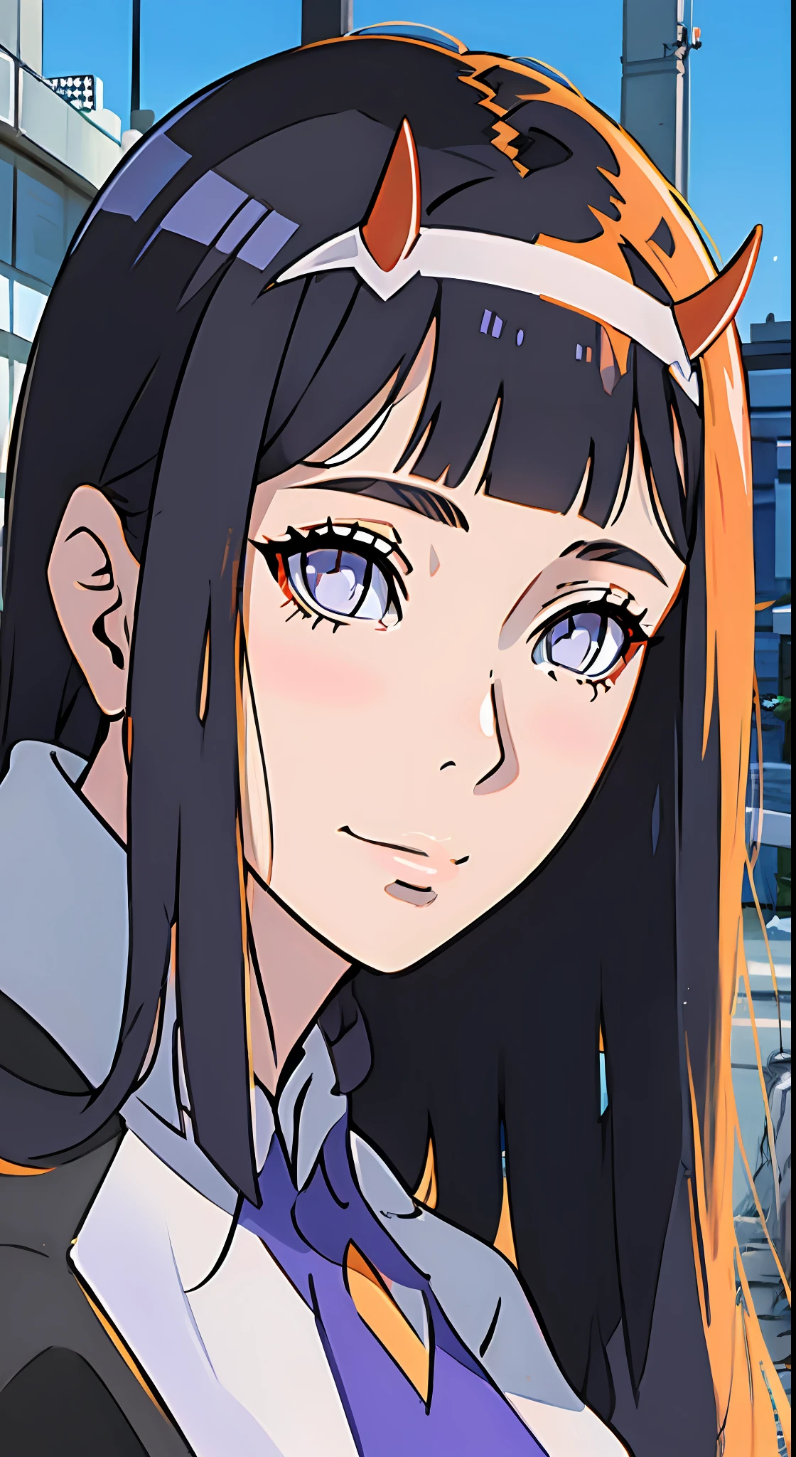 zéro deux, chérie dans le franxx, 1fille, les yeux larmoyants, frange, blunt frange, seins moyens, bouche fermée, tir de cow-boy, bandeau pour cheveux, cornes, se penchant en avant, cheveux longs, Regarder le spectateur, cravate, oni cornes, orange cravate, cheveux bleu foncé, red cornes, sourire, seulement, debout, droit, fond cyberpunk, white bandeau pour cheveux, vêtements militaires, Meilleure qualité, oeil détaillé, png détaillé, yeux violets, hinata as zéro deux