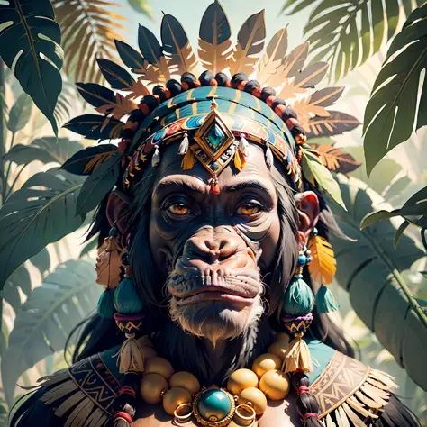 Chimpanzee Head ((Shaman)),,((meditative state),,Shaman, elegant chimpanzee, hair with details, with Indian headdress on head, (...