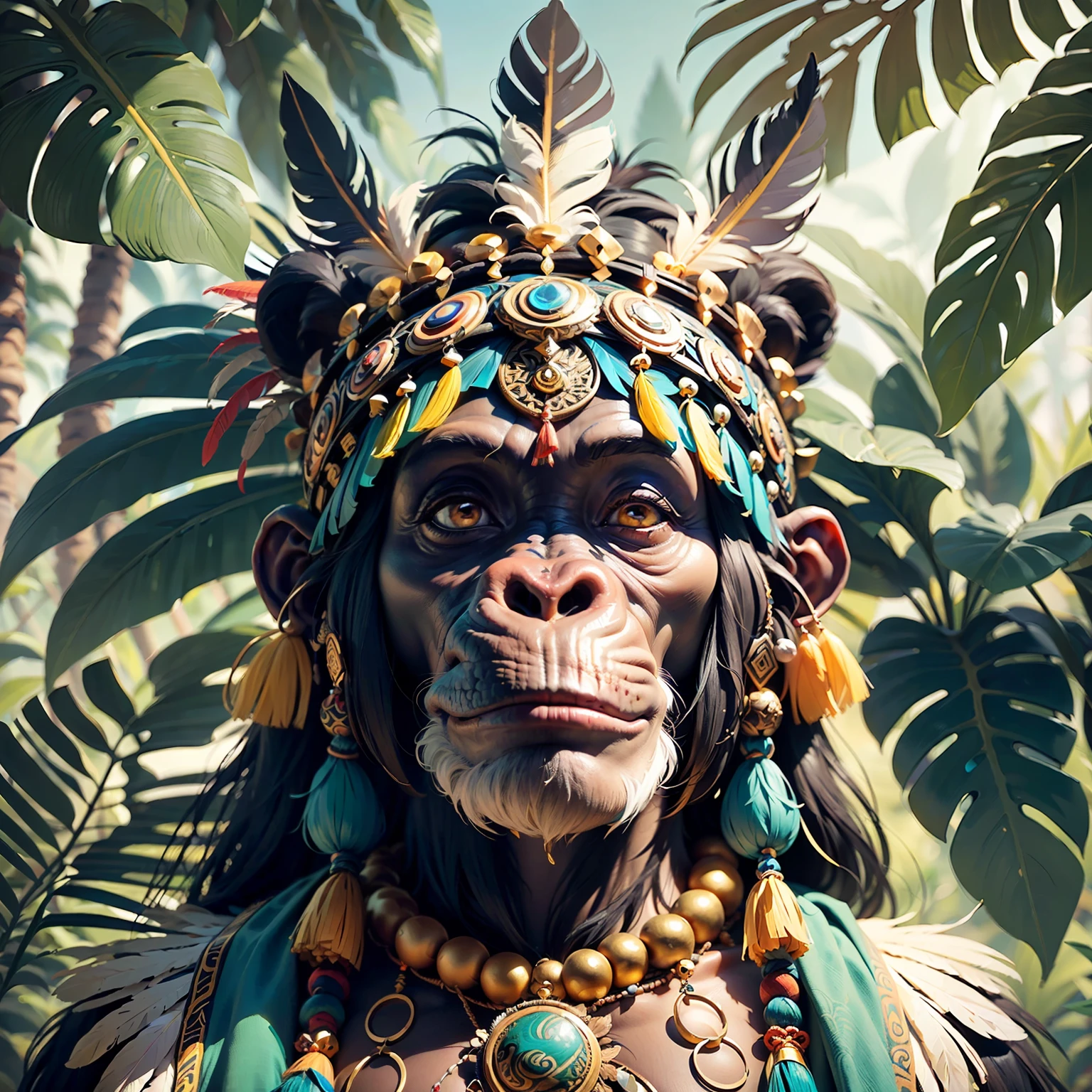 Tête de chimpanzé ((chaman)),,((état méditatif),,chaman, chimpanzé élégant, hair with détails, avec une coiffe indienne sur la tête, ((Méditer)) many plumes colorées, plumes colorées, Face à la caméra, détail: feuillage tropical dense, highly détailed intricate, ((chef-d&#39;œuvre)), ultra hyperréaliste, chef-d&#39;œuvre