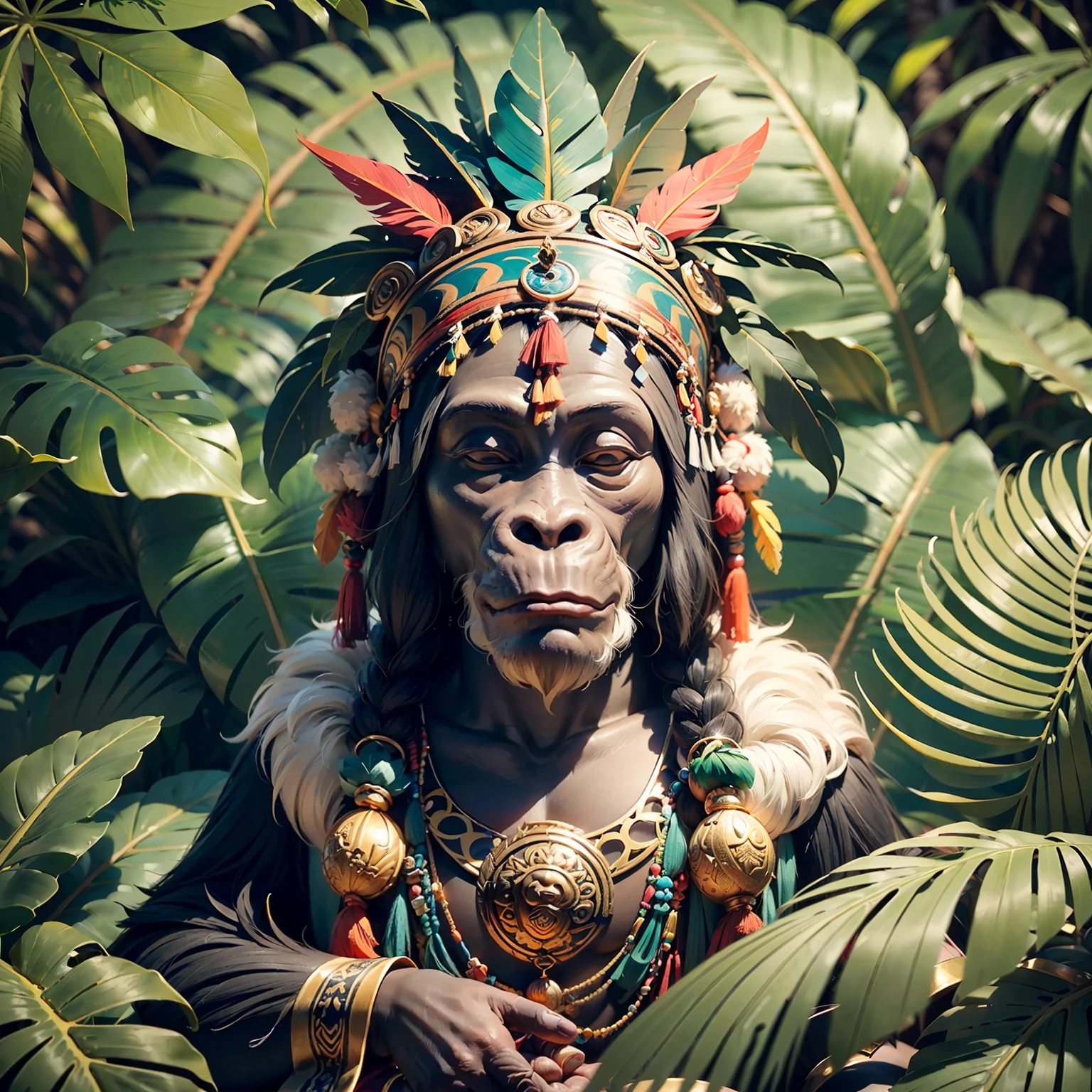 Chimpanzee Head ((Shaman)),,((meditative state),,BUDDHA-style,, ((Buddha)) Shaman, elegant chimpanzee, hair with details, with Indian headdress on head, ((meditating)) many colorful feathers, colorful feathers, facing the camera, detail: dense tropical foliage, highly detailed intricate, ((masterpiece)), ultra hyperrealistic, masterpiece