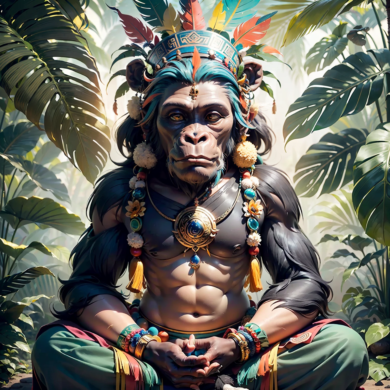 Chimpanzee Head ((Shaman)),,((meditative state),,BUDDHA-style,, ((Buddha)) Shaman, elegant chimpanzee, hair with details, with Indian headdress on head, ((meditating)) many colorful feathers, colorful feathers, facing the camera, detail: dense tropical foliage, highly detailed intricate, ((masterpiece)), ultra hyperrealistic, masterpiece