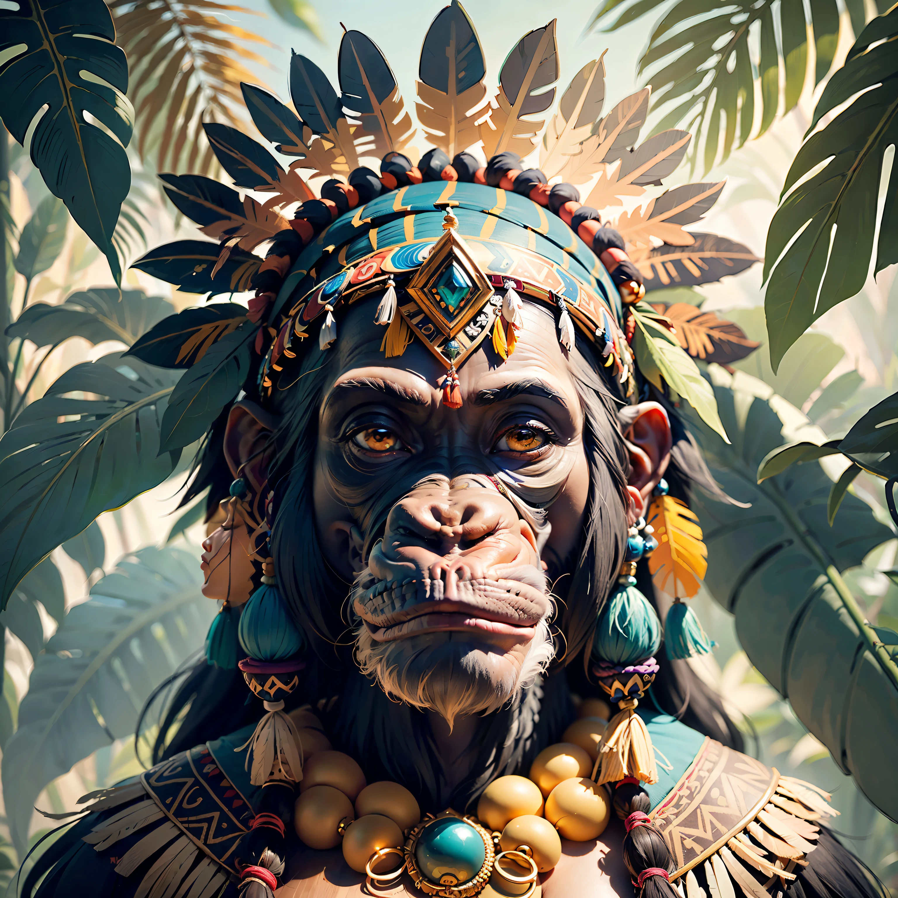 Chimpanzee Head ((Shaman)),,((meditative state),,Shaman, elegant chimpanzee, hair with details, with Indian headdress on head, ((meditating)) many colorful feathers, colorful feathers, facing the camera, detail: dense tropical foliage, highly detailed intricate, ((masterpiece)), ultra hyperrealistic, masterpiece