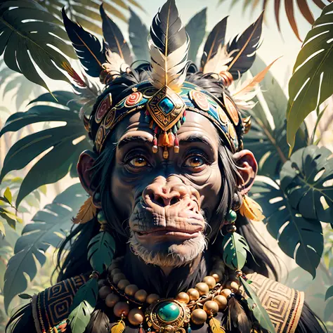 Chimpanzee Head ((Shaman)),,((meditative state),,Shaman, elegant chimpanzee, hair with details, with Indian headdress on head, (...