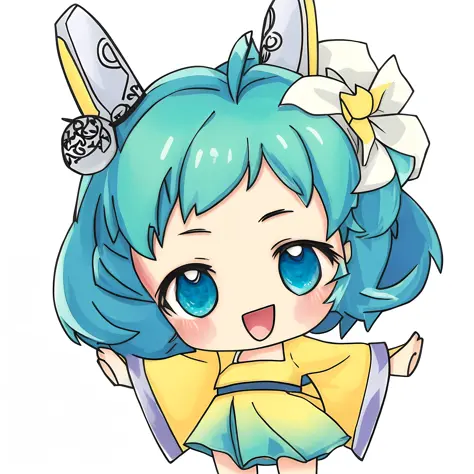 a cartoon girl with blue hair and a yellow dress, hatsune miku short hair, anime girl with teal hair, anime moe artstyle, anime ...