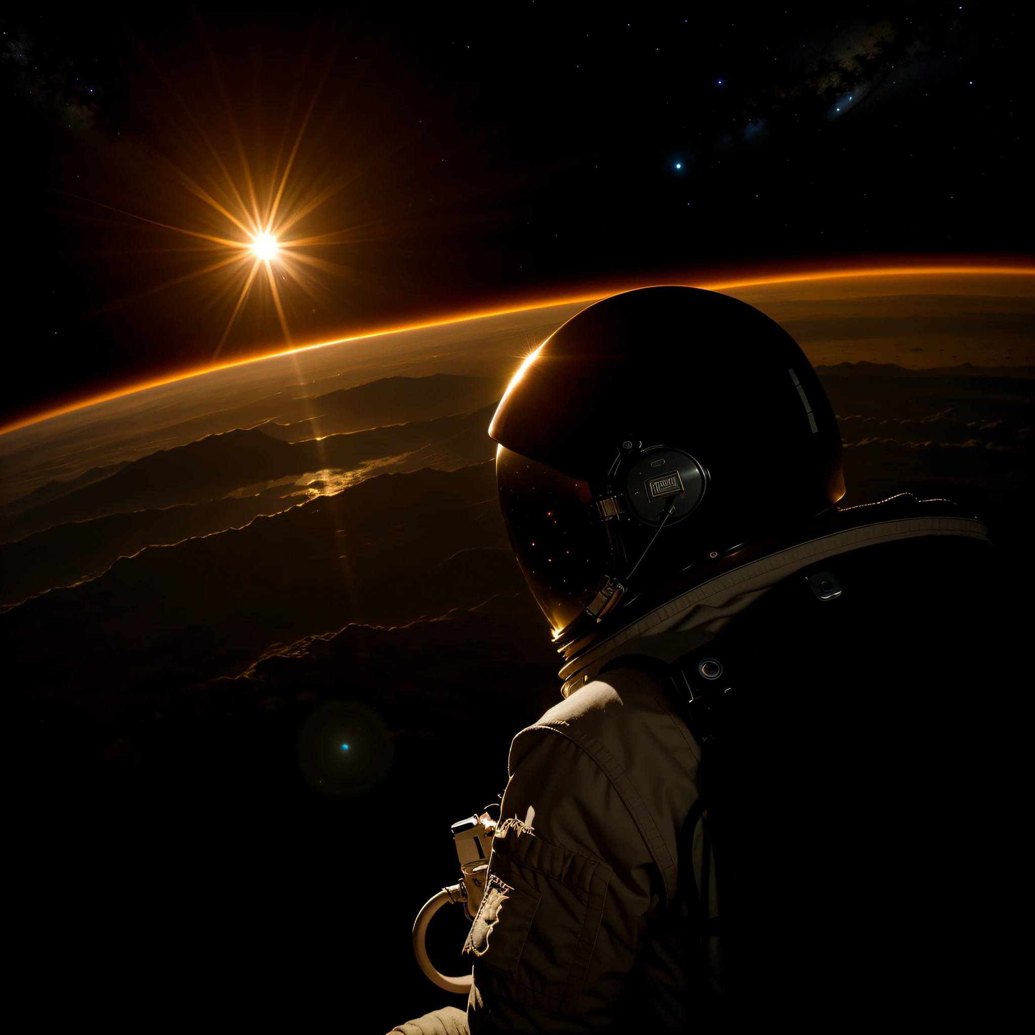 RAW photo, absurdres, high quality, photorealistic, 
landscape, space, astronaut, looking at viewer, sun, 
ultra-detailed, 50mm, f1. 4, 8k uhd, film grain