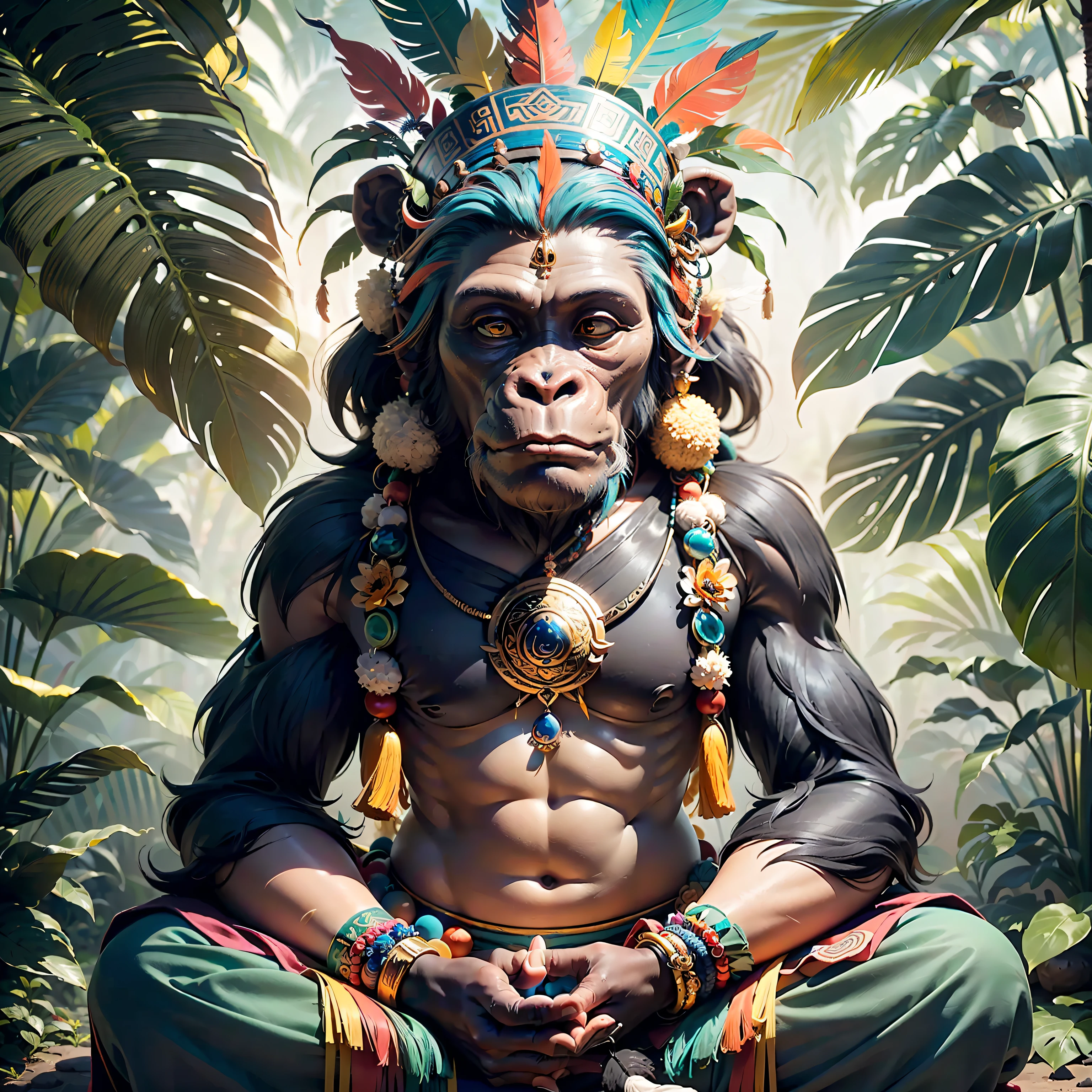 Cabeça de chimpanzé ((xamã)),,((estado meditativo),,Estilo BUDA,, ((Buda)) xamã, chimpanzé elegante, hair with detalhes, com cocar indiano na cabeça, ((meditando)) many penas coloridas, penas coloridas, De frente para a câmera, detalhe: folhagem tropical densa, highly detalheed intricate, ((obra de arte)), ultra hiperrealista, obra de arte