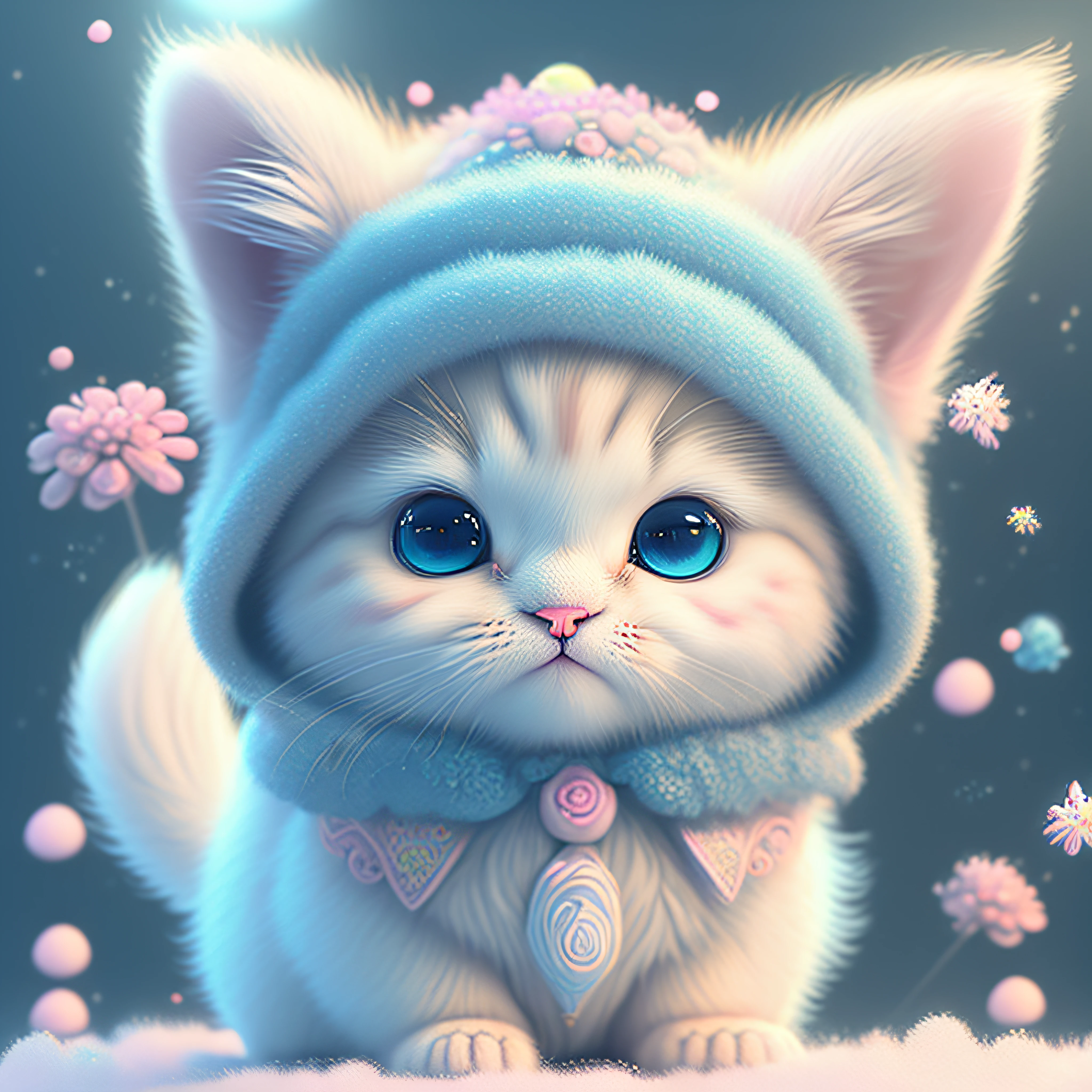 En este arte CG ultradetallado, El adorable gatito rodeado de flores florales., Colores pastel y neón, mejor calidad, alta resolución, detalles intrincados, Fantasía, Animales bonitos