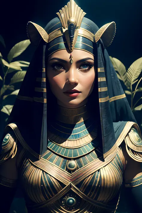 1 adult Egyptian woman, green eyes, black hair flaps, makeups , upper body, looking at viewer, detailed background, detailed fac...