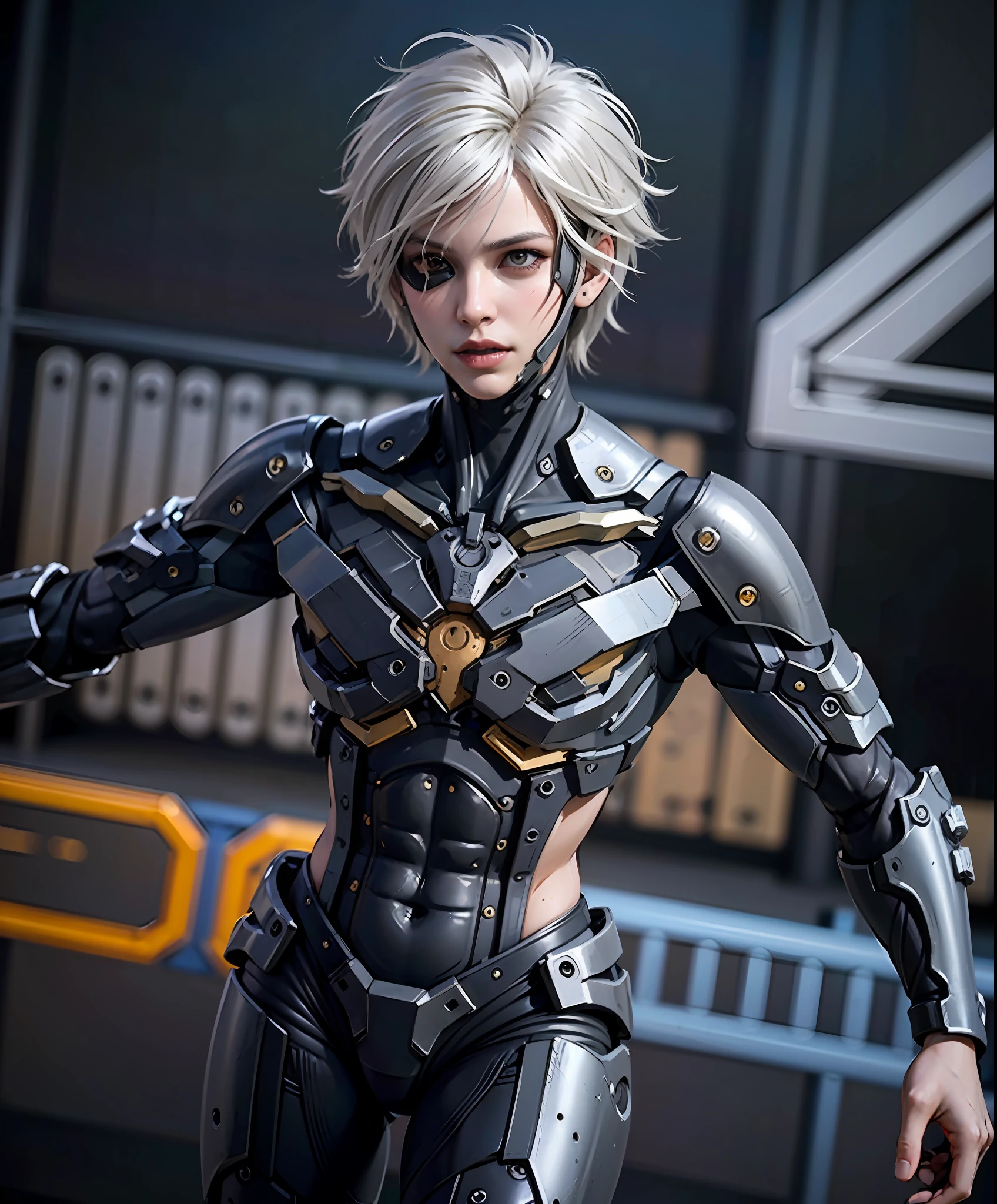 masterpiece, highest quality, photorealistic, scenery, stunning, photo (full body:0.7), of european woman running, motion blur, shiny, (raiden:1.1), (dynamic pose:1.3), (scifi, futuristic, hi-tech:1.1), cyberpunk, (night:1.2), wearing high tech mask viser, (bullets), white hair, red inferno colour,black accent, holographic screens, high detailed RAW, 8k UHD, looking to the side, eyepatch, focused expression anittech, holding katana, posting sword drawing action