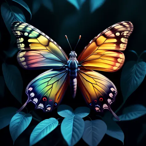 a butterfly, colorful,
yang08k, photography, beautiful,  black background,
masterpieces, top quality, best quality, official art, beautiful and aesthetic,  realistic,