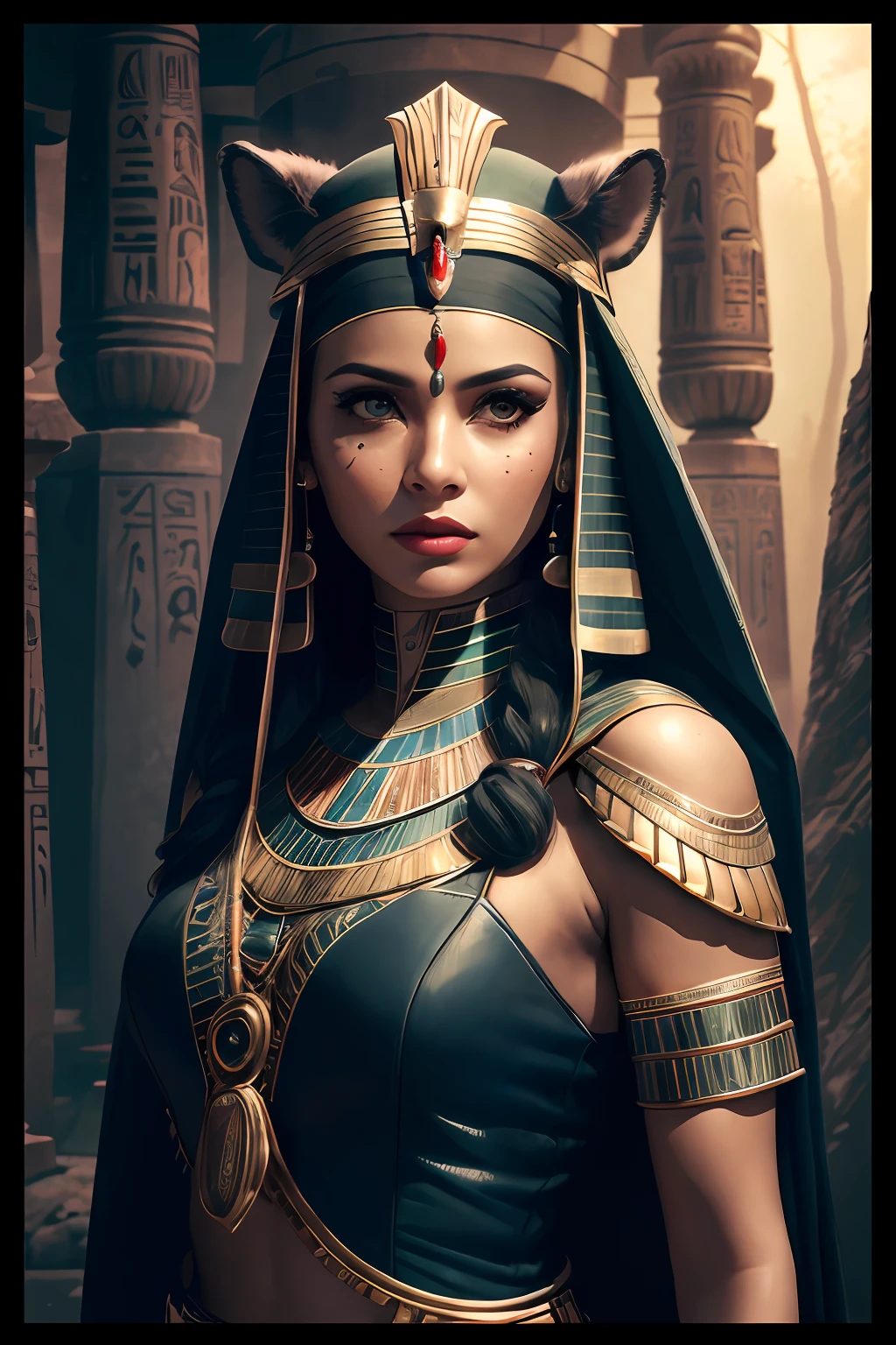 1 adult Egyptian woman, green eyes, black hair flaps, makeups , upper body, looking at viewer, detailed background, detailed face,  OldEgyptAI, ancient egyptian theme,  feral jungle warrior, obsidian, ((defensive stance)), stone knife, bushes, poisonous plants, rocks,  humid climate, darkness, cinematic atmosphere,
dark chamber, dim light, (zentangle, mandala, tangle, entangle:0.5)
(35mmstyle:1.1), front, masterpiece, 1970s film, , cinematic lighting, (photorealistic:1.5), high frequency details, 35mm film, (film grain), film noise,