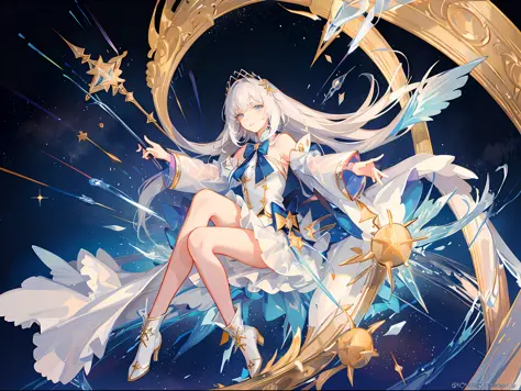 ((magical girl)), ((gorgeous starry sky background)), ((ultra-detailed)), ((best illustration)), ((cinematic lighting)), dynamic angle, floating, finely detailed, (glitter:1.2), (sparkle:1.2), (shine:1.2), classic, (painting:1.1), (sketch:1.1), (best quali...
