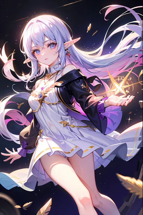 (Masterpiece, excellent picture quality, delicate CG, beautiful eye details, ultra-detailed, complex details: 1.1), 8k wallpaper, exquisite facial features, (1girl, solo: 1.4), long hair, striped hair, (elf, aura: 1.3), exquisite eyes, glowing eyes, earrin...