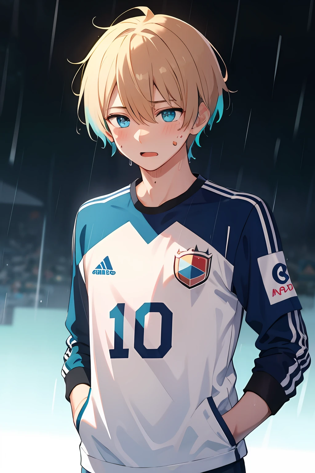 masterpiece, best quality, highres, 1boy, blush stickers, short hair, medium, short blond hair, cyan blue eyes, azure blue lock, German team football jersey, (rain:1.3), hands in pockets, sweating, heavy breathing, blue hair locks, rose tattoo in neck