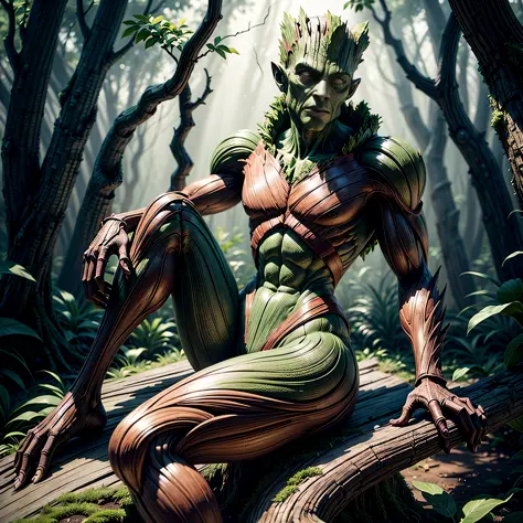 behold a magnificent sculpture that depicts the tree man, inspired by groot from guardians of the galaxy, seated on the forest f...