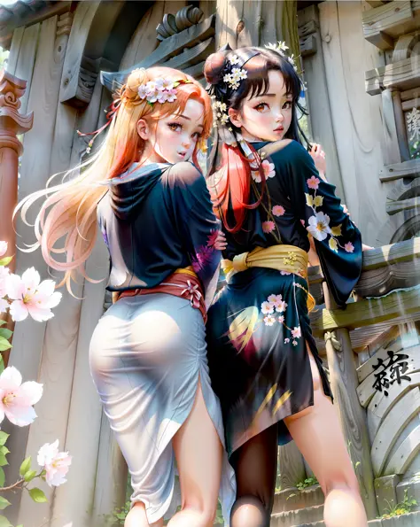 ((masterpiece, best quality)), 2 girls, black kimono, black legwear, black ribbon, black hair, cherry blossoms, day, flower, bun, headband, Japanese clothing, kimono, long hair, look at the viewer, look back, several girls, obi, outdoor, red eyes, red hair...