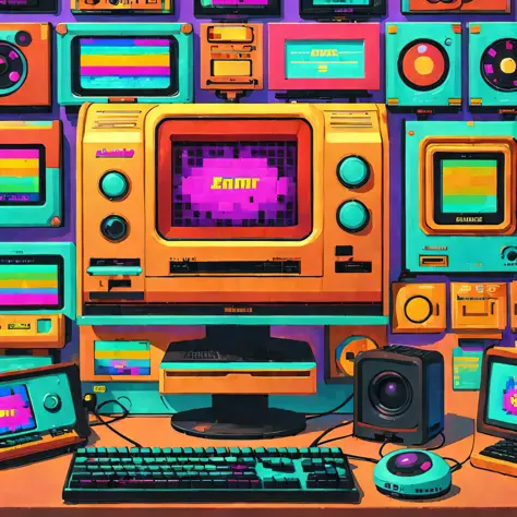 (Best quality),(masterpiece),(ultra detailed),(high detailed),(extremely detailed),Subject: Nostalgic 90s Tech Screensavers Medi...