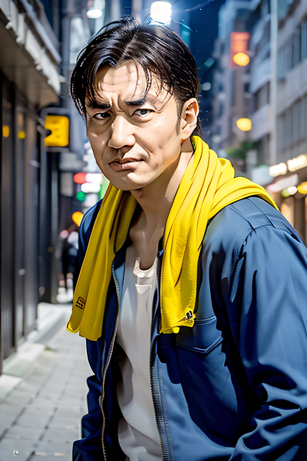 (Night:1.7), CityView, (from_front:1.4),(Close-Up:1.0),(Face_focus:1.0),(looking_at_viewer:1.9),
Standing in Street,
a man in a blue jacket and yellow scarf, shirt,black_pants,
Kisaku,belt, black_eyes, black_hair, collarbone, male_focus, solo,
1 old_Man, 50yo,male,looking at viewer,(angry:1.0),
NSFW,official art,extremely detailed CG unity 8k wallpaper, perfect lighting,Colorful, Bright_Front_face_Lighting,
(masterpiece:1.0),(best_quality:1.0), ultra high res,4K,ultra-detailed,
photography, 8K, HDR, highres, absurdres:1.2, Kodak portra 400, film grain, blurry background, bokeh:1.2, lens flare, (vibrant_color:1.2)