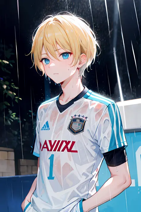 masterpiece, best quality, highres, 1boy, short hair, medium, short blond hair, cyan blue eyes, azure blue lock, german team foo...