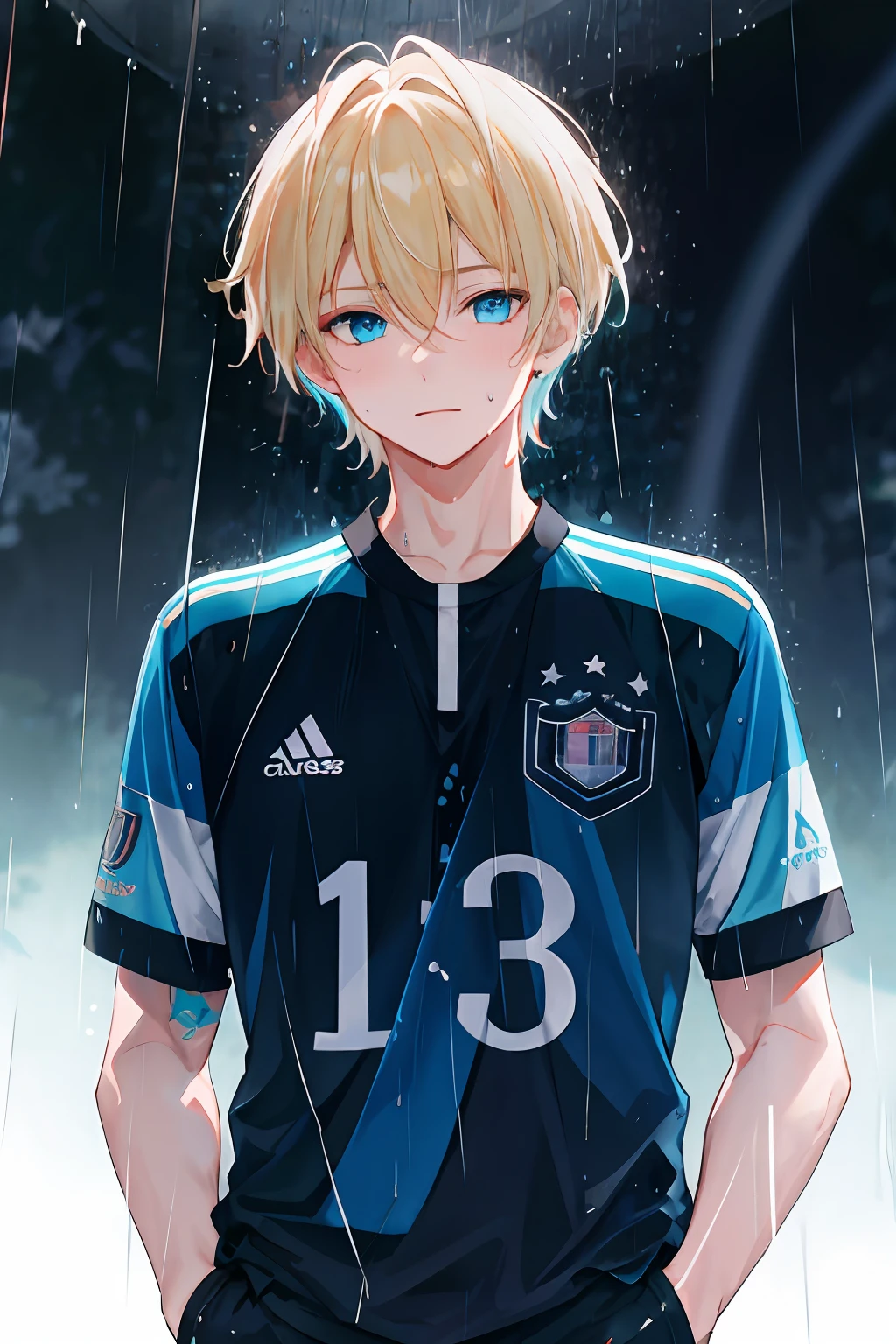 masterpiece, best quality, highres, 1boy, short hair, medium, short blond hair, cyan blue eyes, azure blue lock, German team football jersey, (rain:1.3), hands in pockets, sweating, heavy breathing, rose tattoo on the back of the neck