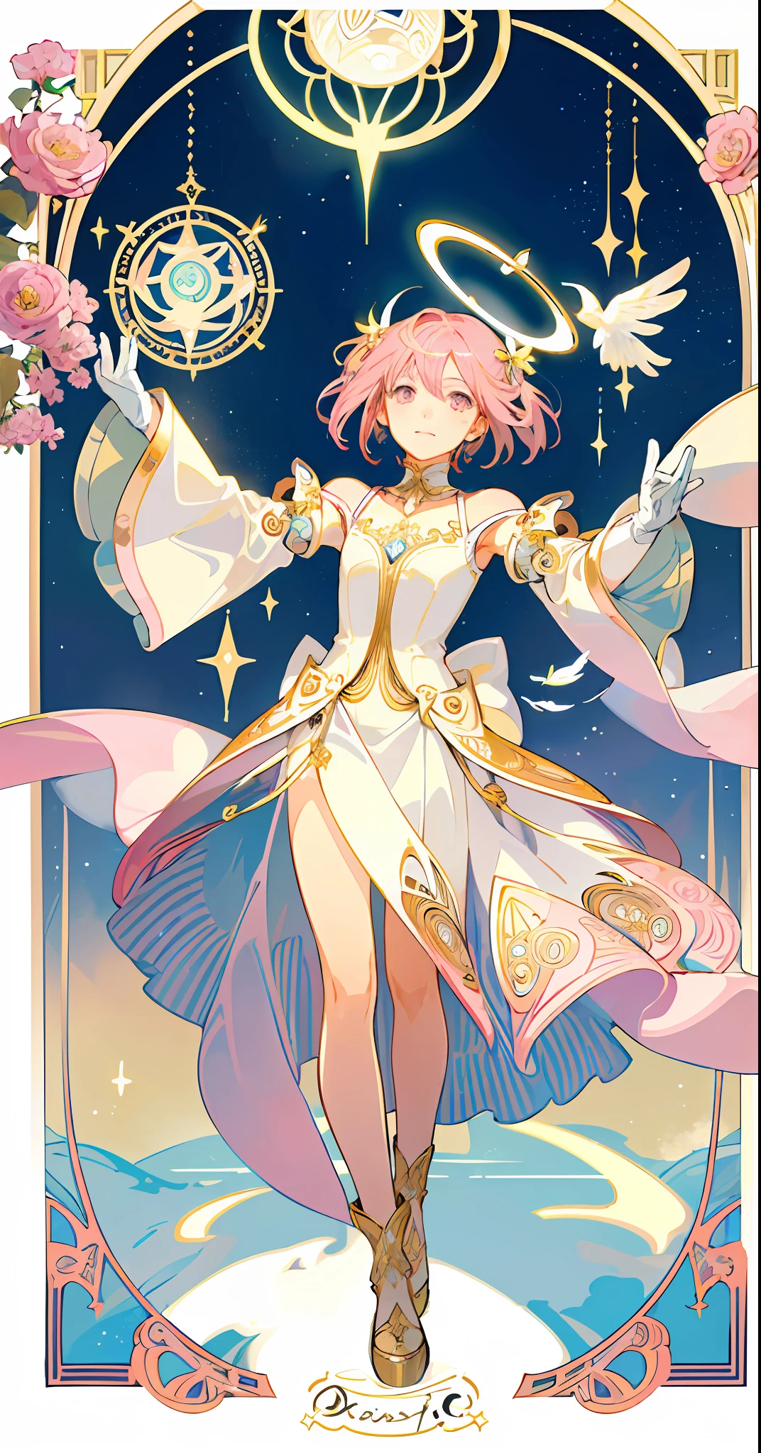 ((masterpiece,best quality)),(1girl, solo:1.4),beautiful detailed eyes, vivid, cinematic light, full_body, pink_flowers, (tarot_card), intricate, detailed background, looking_at_viewer, Madoka Kaname, hands reaching out, (flat chest), (walking), casual pose, posing, (white_gloves), (pink_eyes), white feathers, sparkles, glitter, celestial, outerspace, by alphonse mucha, (gold frame), halo, (tarot border)