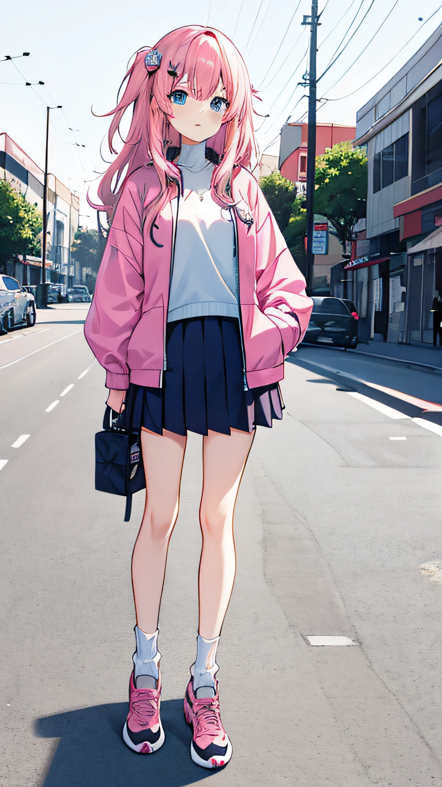 a pink haired anime girl wearing a skirt in front of a white background, gotou hitori, 1girl, cube hair ornament, solo, long hair, pink hair, hair ornament, jacket, skirt, pink jacket, blue eyes, track jacket, pleated skirt, full body, socks, looking at viewer