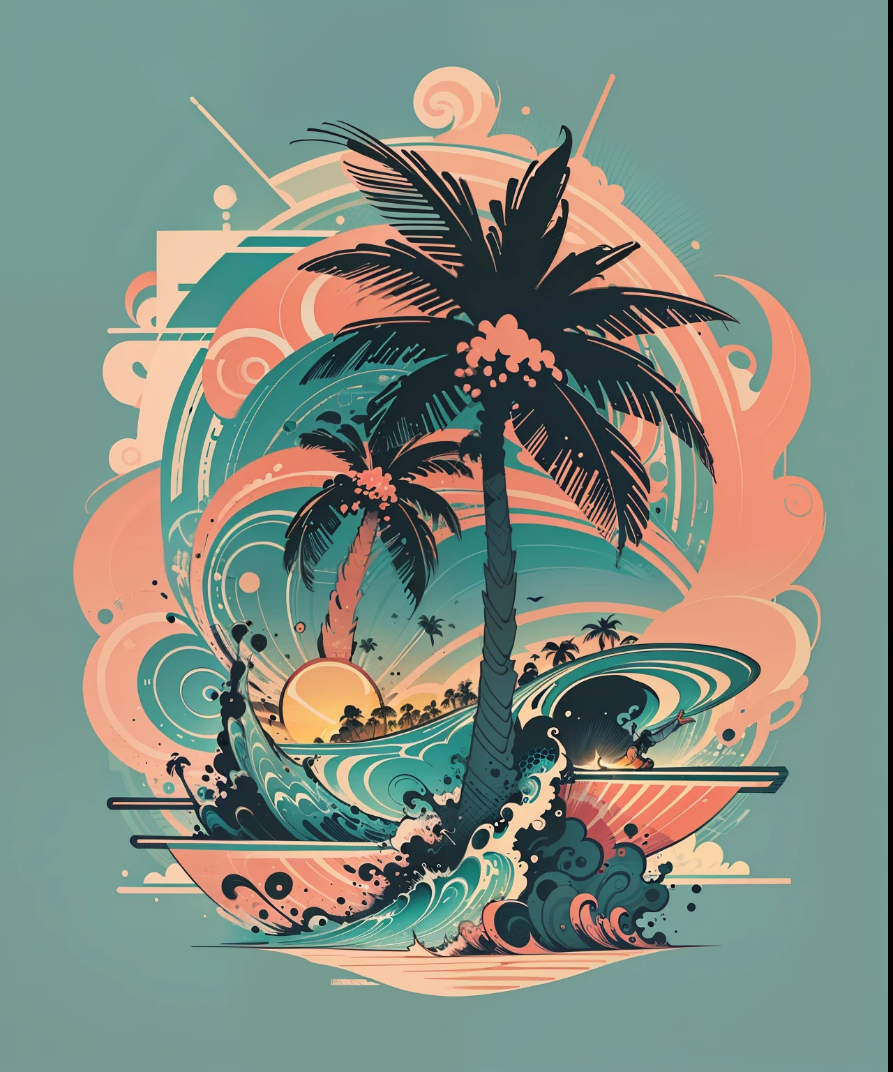 Ilustração vetorial 2d, design de camiseta para o verão, Palmeiras, (surfar: 1.1), (combinado), luz do sol, (melhor qualidade, obra de arte: 1.3), minimalista, (8 cores)