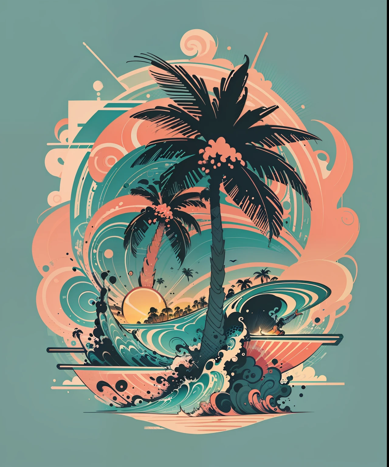 2d vector illustration, tshirt design for summers, palm trees, (surf: 1.1), (combi), sunrays, (best quality, masterpiece: 1.3), minimalist, (8 colors)