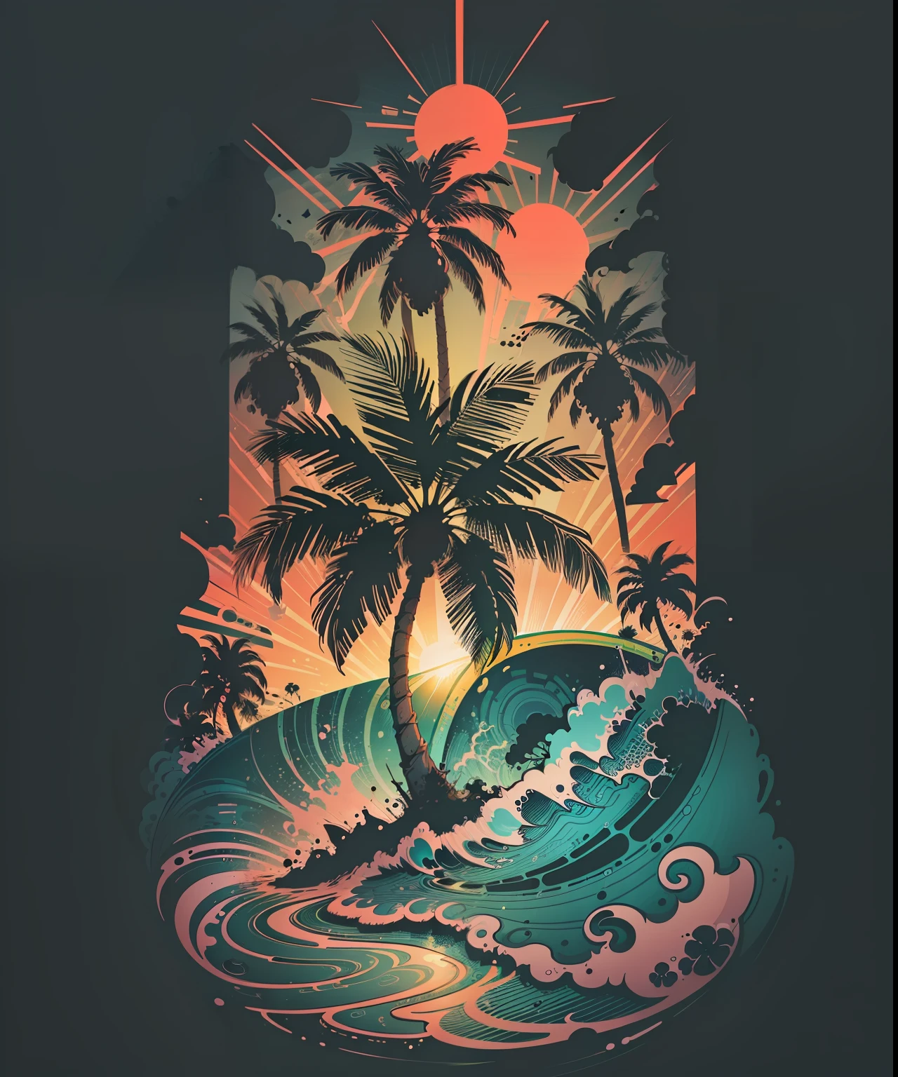 2d vector illustration, tshirt design for summers, palm trees, (surf: 1.1), (combi), sunrays, (best quality, masterpiece: 1.3), minimalist, (8 colors)
