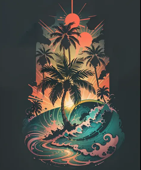 2d vector illustration, tshirt design for summers, palm trees, (surf: 1.1), (combi), sunrays, (best quality, masterpiece: 1.3), ...