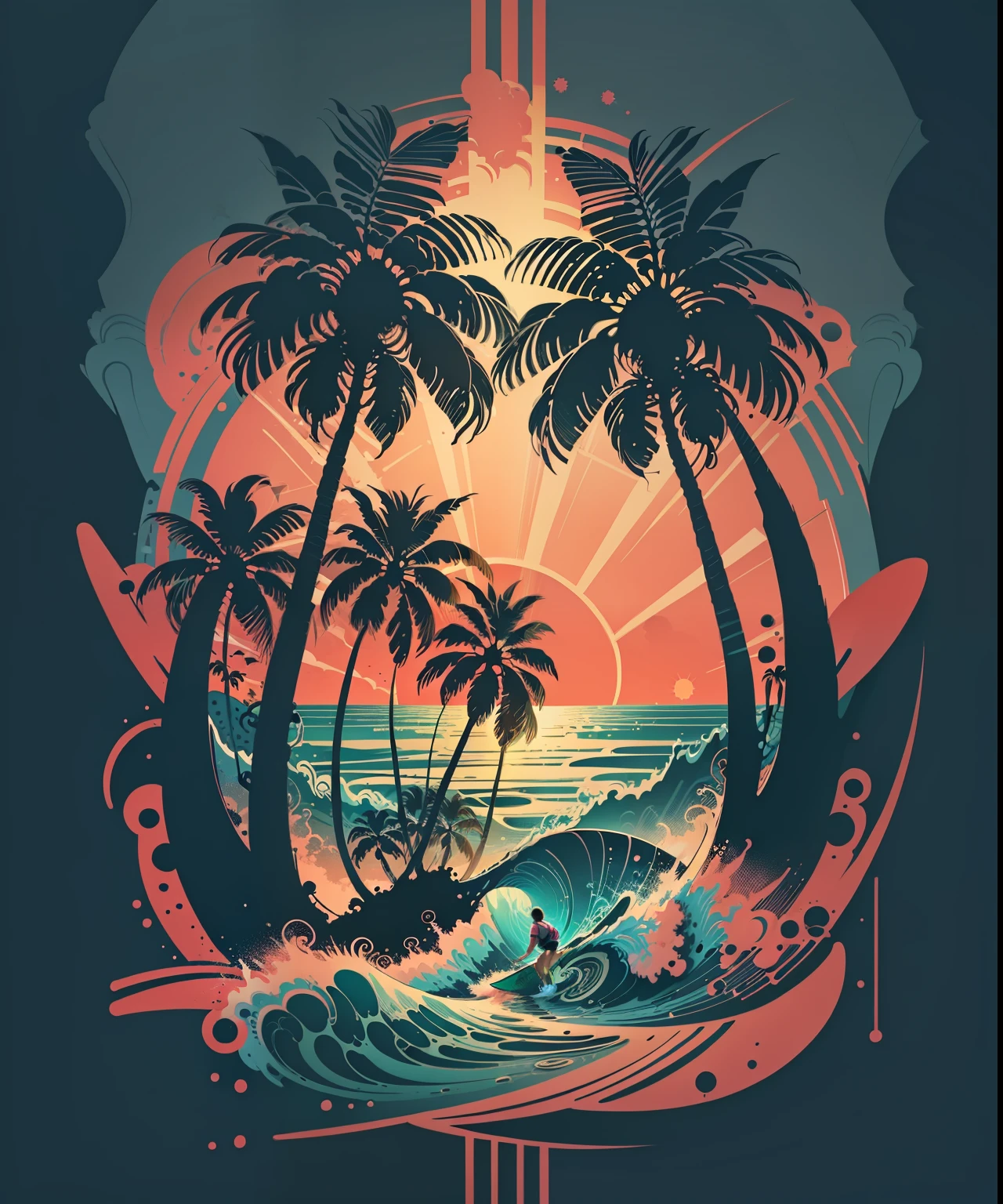 2d vector illustration, tshirt design for summers, palm trees, (surf: 1.1), (combi), sunrays, (best quality, masterpiece: 1.3), minimalist, (8 colors)