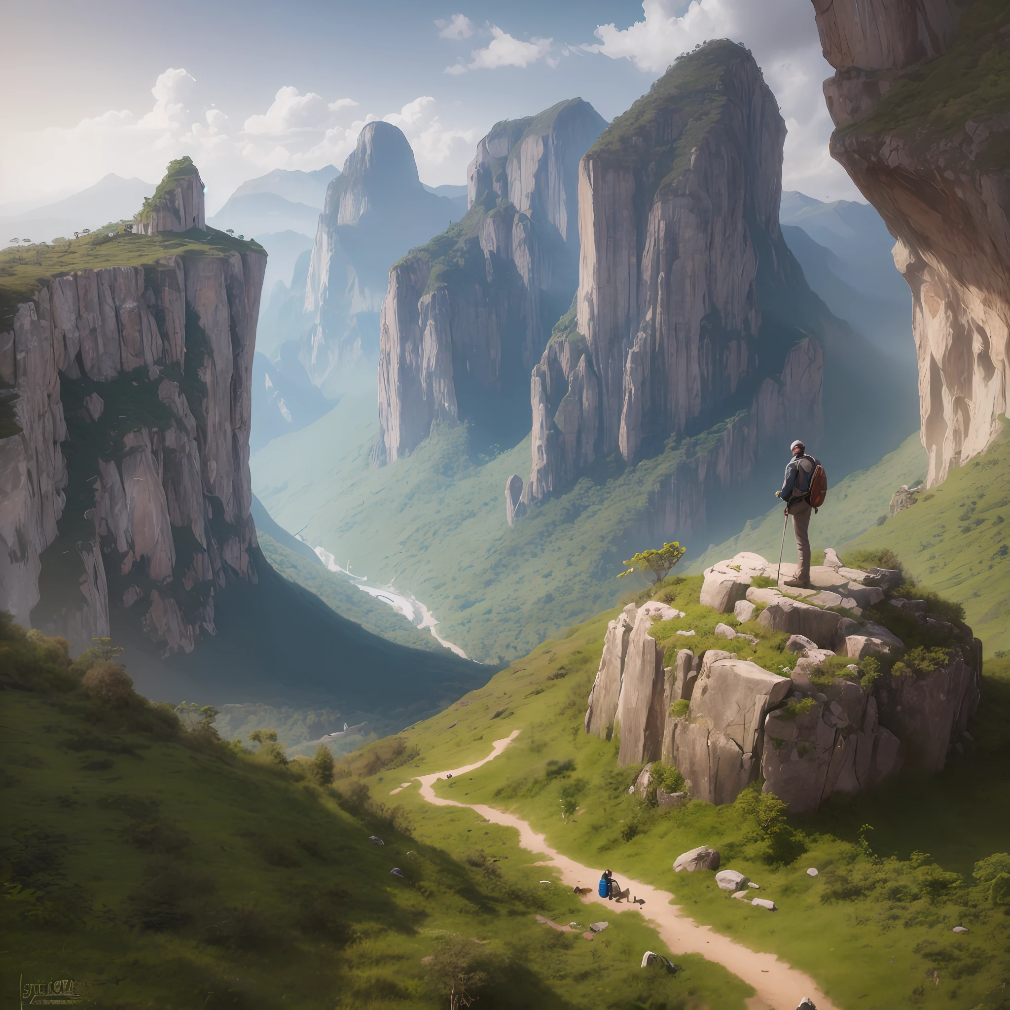 Painting of a man standing on a cliff overlooking a valley - SeaArt AI