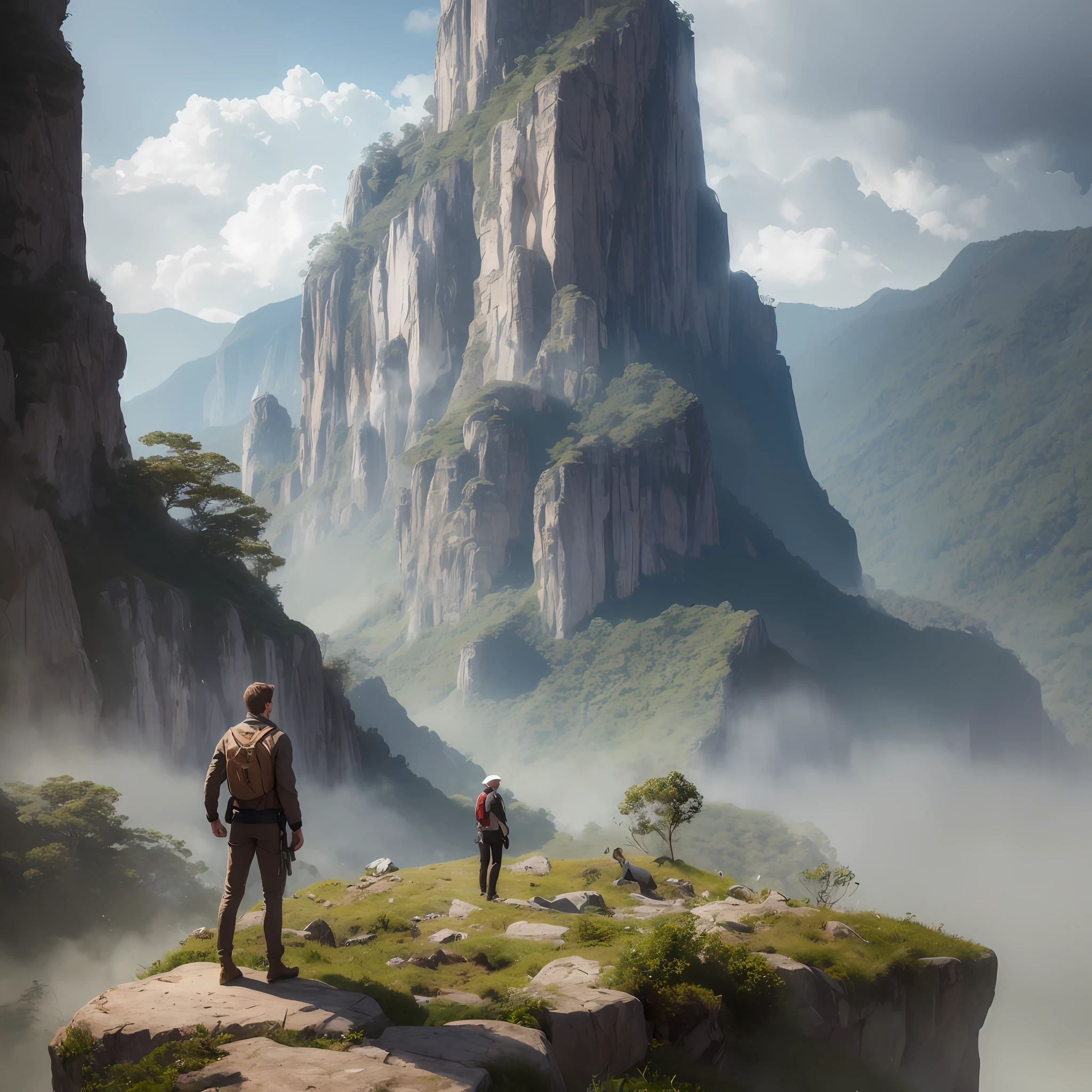 A man standing on top of a cliff next to a mountain - SeaArt AI