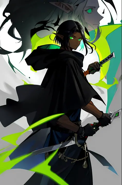 Killer male elf, dark skin, black hood covering face, short black hair, holding green energy knives