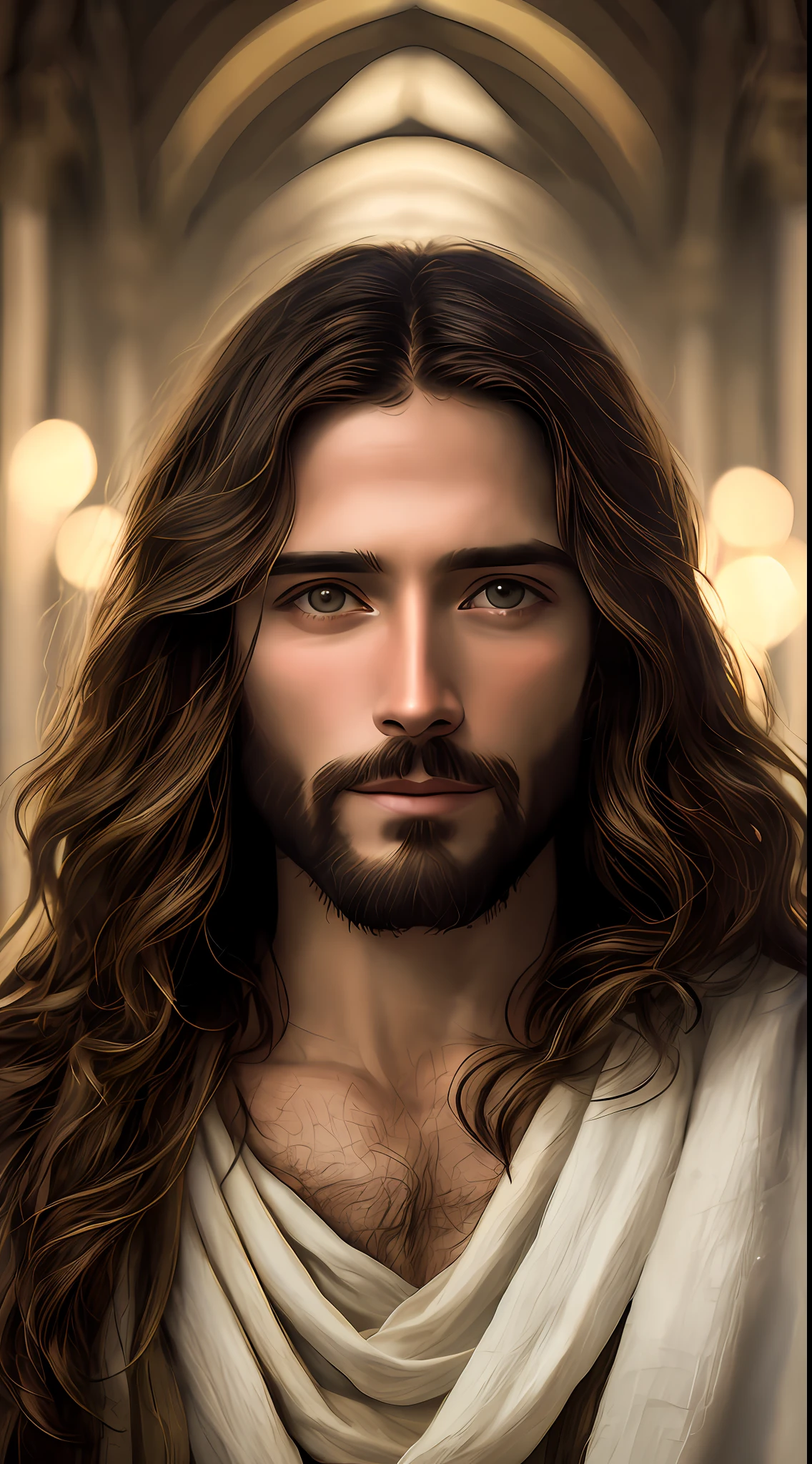 portrait of modern jesus smiling sitting, cinematic lighting, depth of field, bokeh, realism, photorealistic, hyperrealism, professional photography, uhd, dslr, hdr