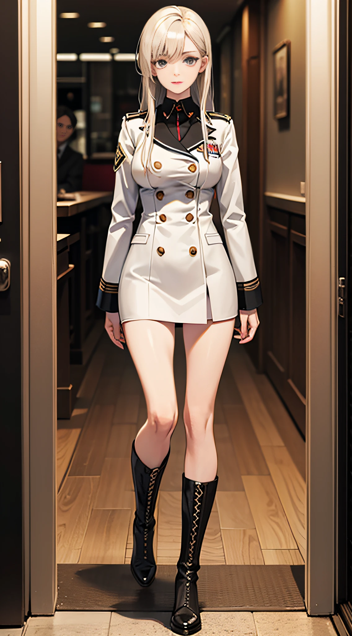 Tall slender beauty, platinum blonde straight hair, uniform, boots, full body, masterpiece