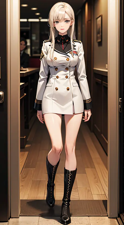 Tall slender beauty, platinum blonde straight hair, uniform, boots, full body, masterpiece